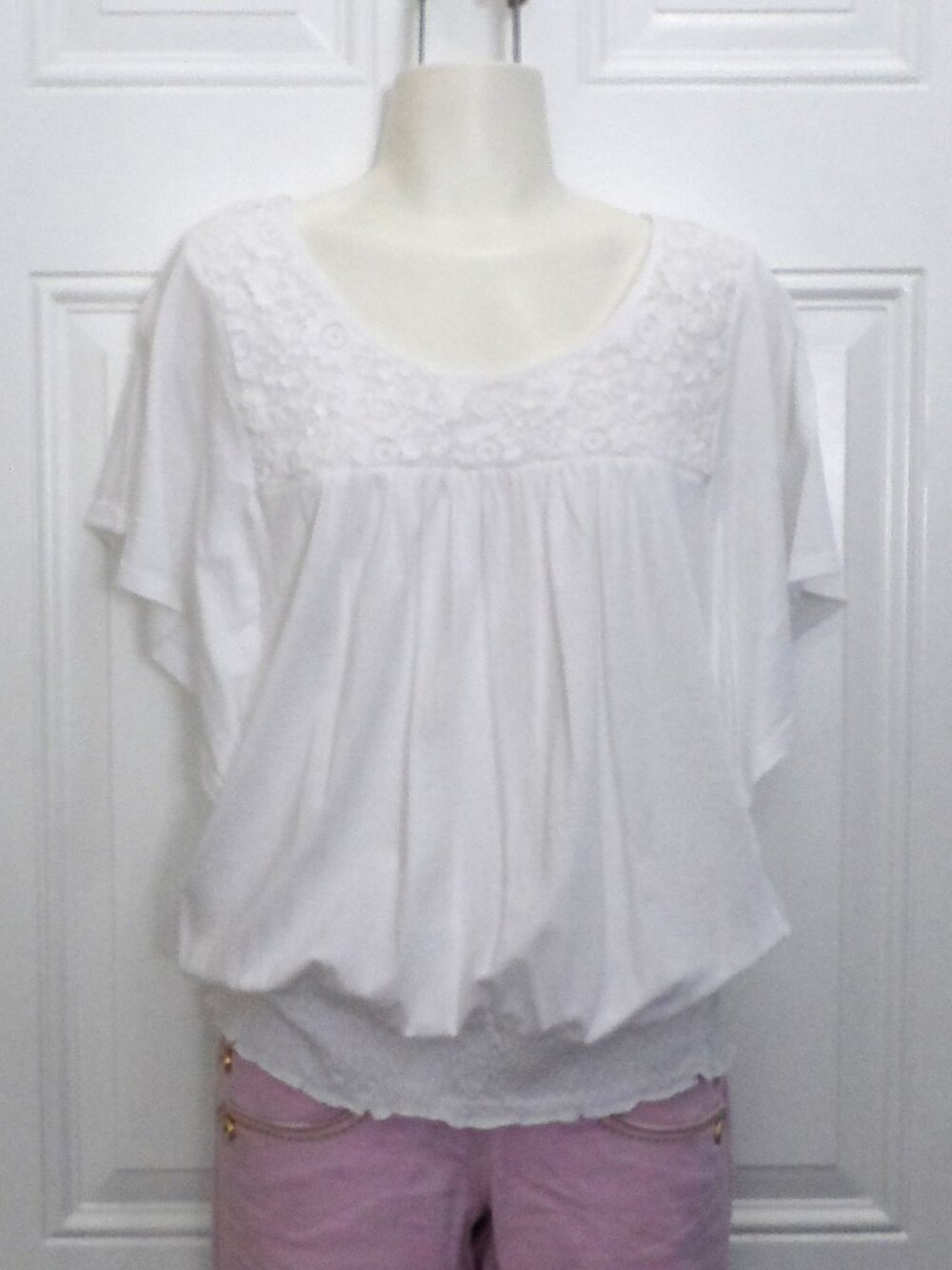 Style & Co. Butterfly Sleeve Top w/ Crochet Lace Neckline- Size S